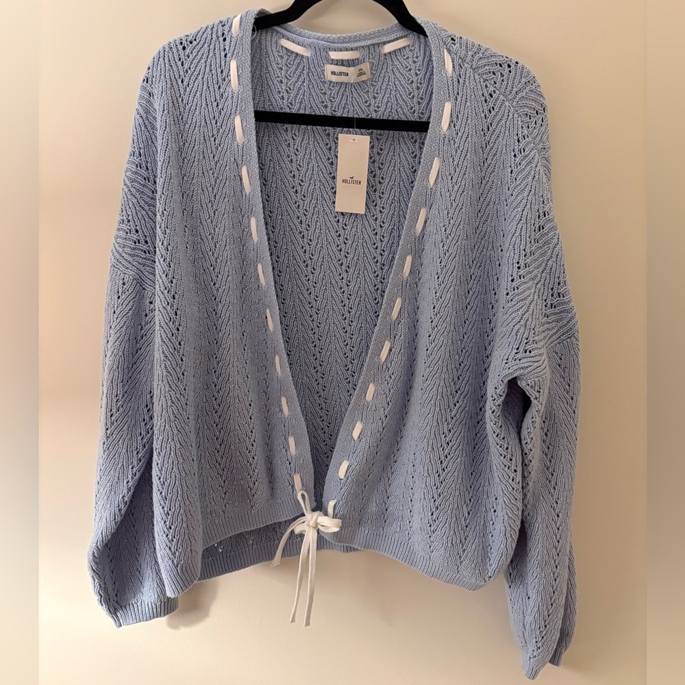 NWT Hollister Light Blue Open Knit Coquette Cardigan Relaxed Coastal Grandma